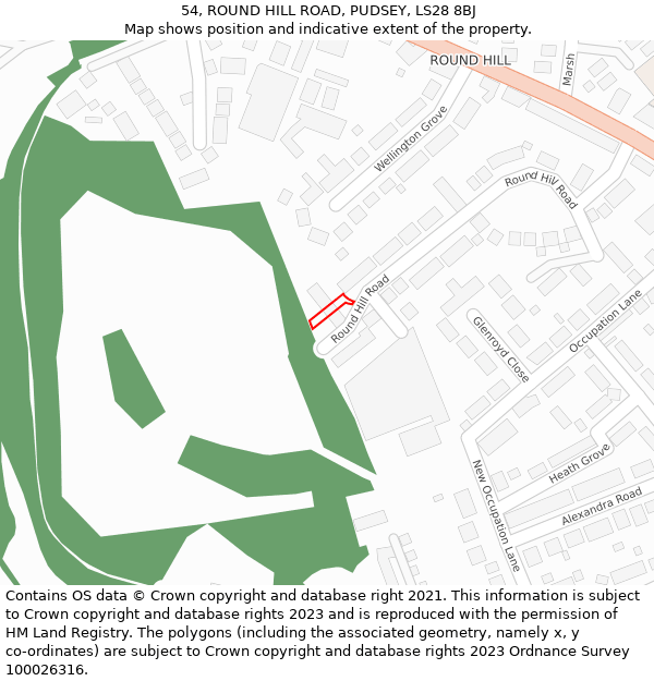 54, ROUND HILL ROAD, PUDSEY, LS28 8BJ: Location map and indicative extent of plot