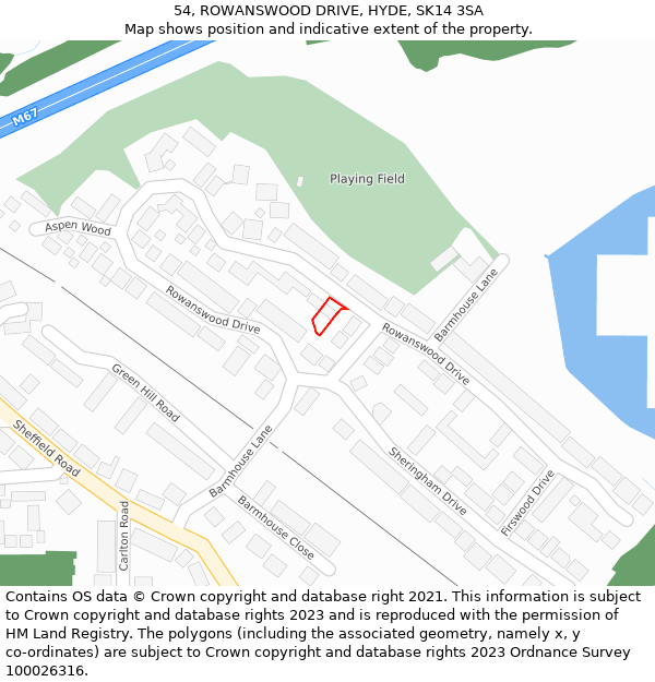 54, ROWANSWOOD DRIVE, HYDE, SK14 3SA: Location map and indicative extent of plot