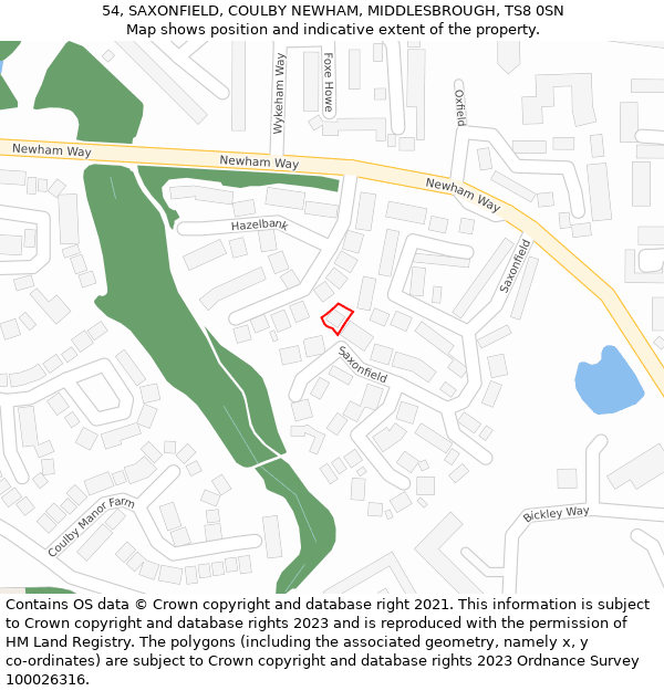 54, SAXONFIELD, COULBY NEWHAM, MIDDLESBROUGH, TS8 0SN: Location map and indicative extent of plot