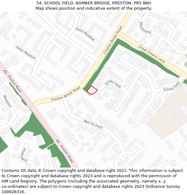 54, SCHOOL FIELD, BAMBER BRIDGE, PRESTON, PR5 8BH: Location map and indicative extent of plot