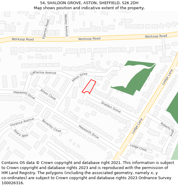 54, SHALDON GROVE, ASTON, SHEFFIELD, S26 2DH: Location map and indicative extent of plot