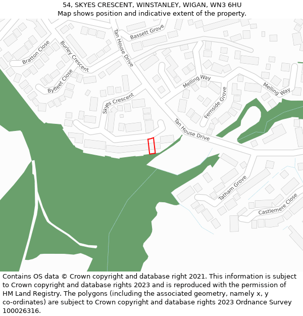 54, SKYES CRESCENT, WINSTANLEY, WIGAN, WN3 6HU: Location map and indicative extent of plot