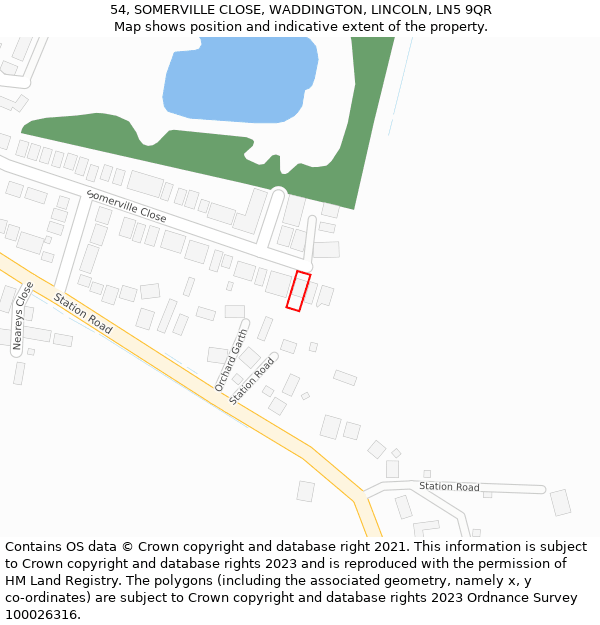 54, SOMERVILLE CLOSE, WADDINGTON, LINCOLN, LN5 9QR: Location map and indicative extent of plot