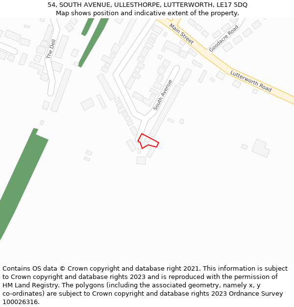 54, SOUTH AVENUE, ULLESTHORPE, LUTTERWORTH, LE17 5DQ: Location map and indicative extent of plot