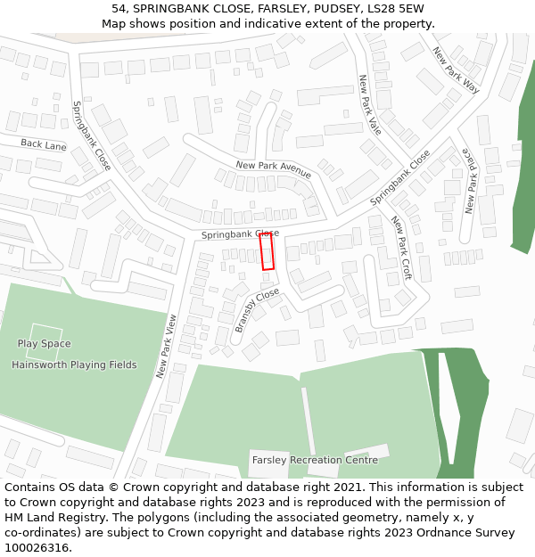 54, SPRINGBANK CLOSE, FARSLEY, PUDSEY, LS28 5EW: Location map and indicative extent of plot