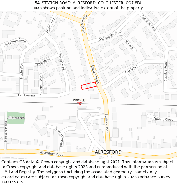 54, STATION ROAD, ALRESFORD, COLCHESTER, CO7 8BU: Location map and indicative extent of plot