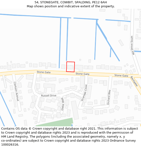 54, STONEGATE, COWBIT, SPALDING, PE12 6AH: Location map and indicative extent of plot