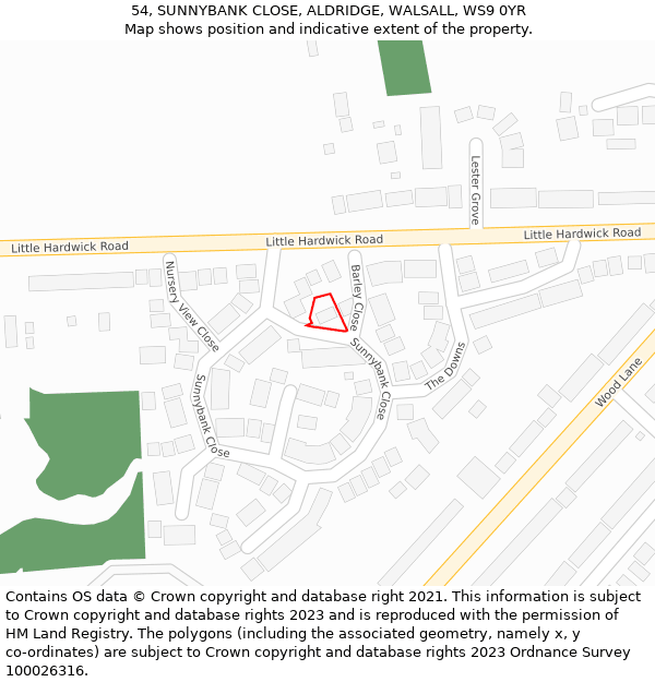 54, SUNNYBANK CLOSE, ALDRIDGE, WALSALL, WS9 0YR: Location map and indicative extent of plot