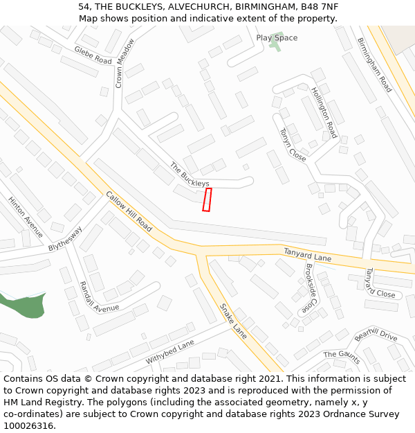 54, THE BUCKLEYS, ALVECHURCH, BIRMINGHAM, B48 7NF: Location map and indicative extent of plot