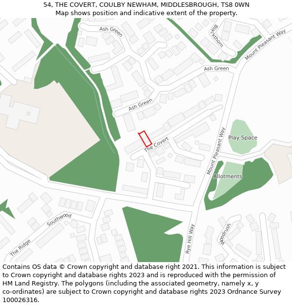 54, THE COVERT, COULBY NEWHAM, MIDDLESBROUGH, TS8 0WN: Location map and indicative extent of plot