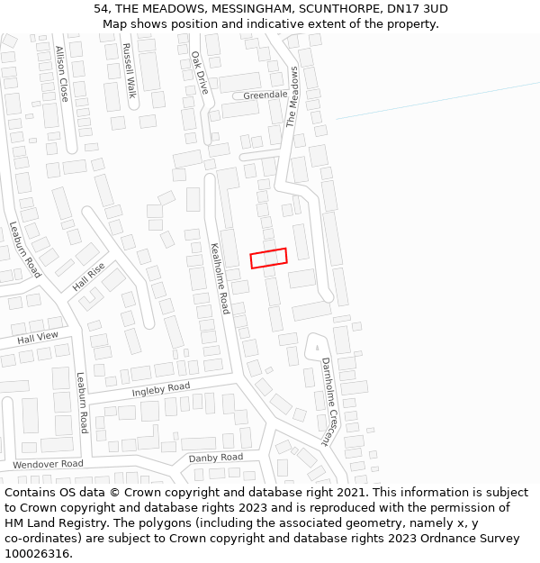 54, THE MEADOWS, MESSINGHAM, SCUNTHORPE, DN17 3UD: Location map and indicative extent of plot