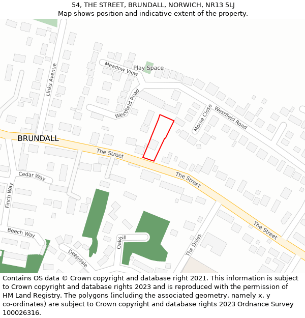 54, THE STREET, BRUNDALL, NORWICH, NR13 5LJ: Location map and indicative extent of plot