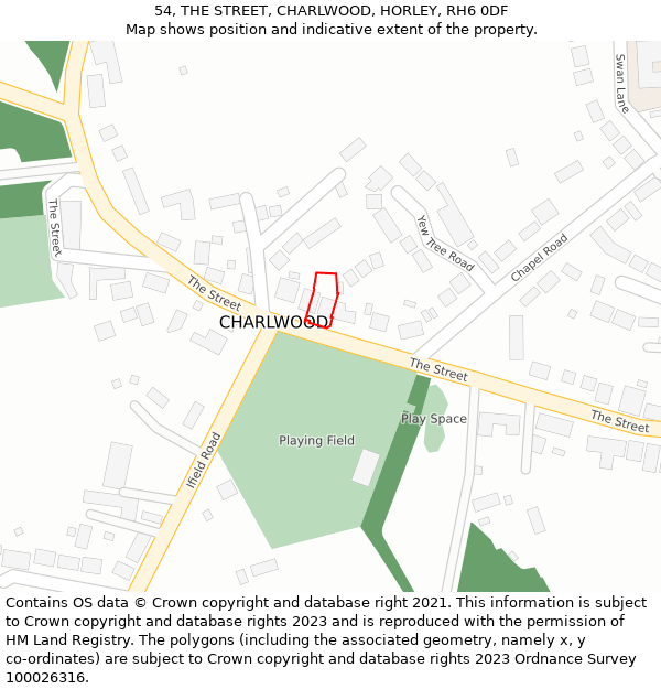 54, THE STREET, CHARLWOOD, HORLEY, RH6 0DF: Location map and indicative extent of plot