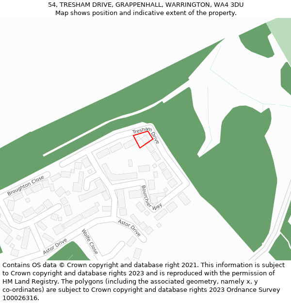 54, TRESHAM DRIVE, GRAPPENHALL, WARRINGTON, WA4 3DU: Location map and indicative extent of plot