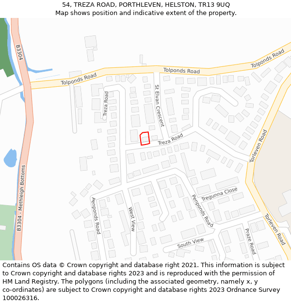 54, TREZA ROAD, PORTHLEVEN, HELSTON, TR13 9UQ: Location map and indicative extent of plot