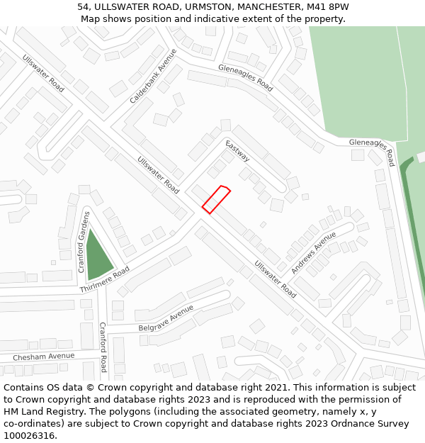 54, ULLSWATER ROAD, URMSTON, MANCHESTER, M41 8PW: Location map and indicative extent of plot