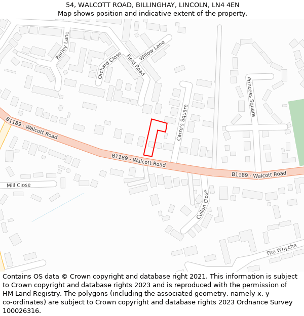 54, WALCOTT ROAD, BILLINGHAY, LINCOLN, LN4 4EN: Location map and indicative extent of plot