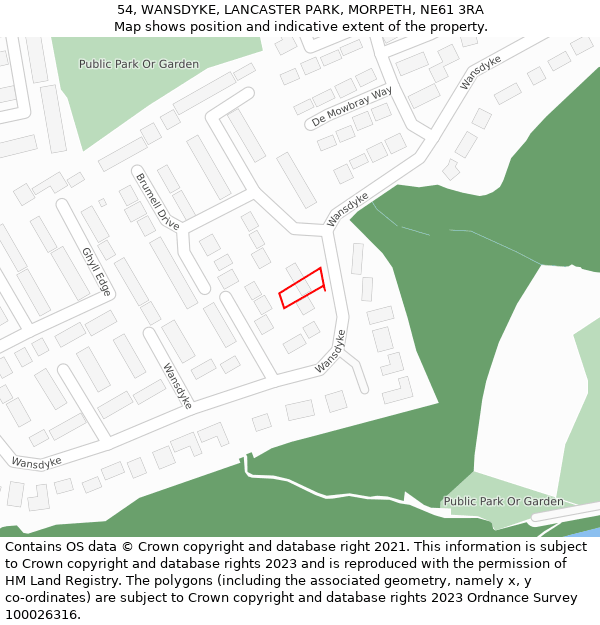 54, WANSDYKE, LANCASTER PARK, MORPETH, NE61 3RA: Location map and indicative extent of plot