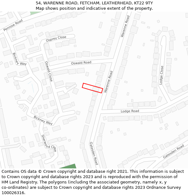 54, WARENNE ROAD, FETCHAM, LEATHERHEAD, KT22 9TY: Location map and indicative extent of plot