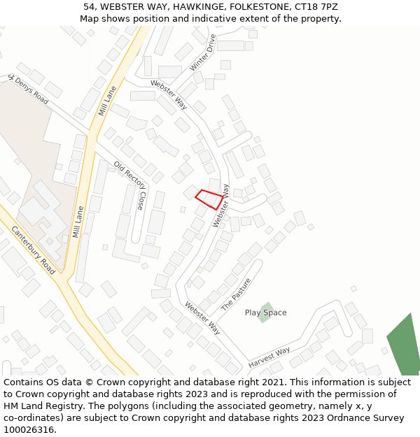 54, WEBSTER WAY, HAWKINGE, FOLKESTONE, CT18 7PZ: Location map and indicative extent of plot