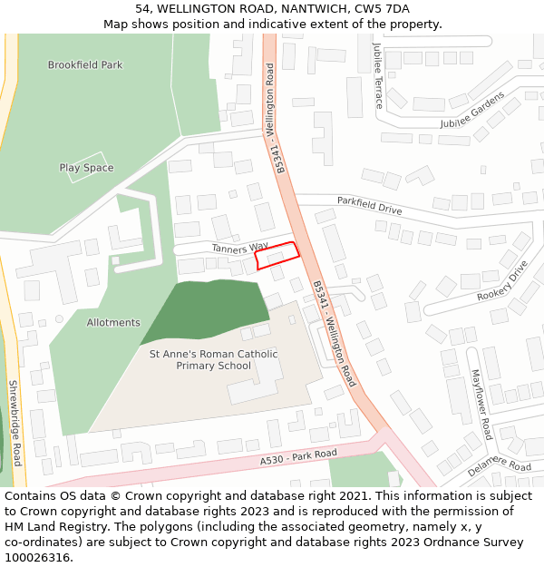 54, WELLINGTON ROAD, NANTWICH, CW5 7DA: Location map and indicative extent of plot