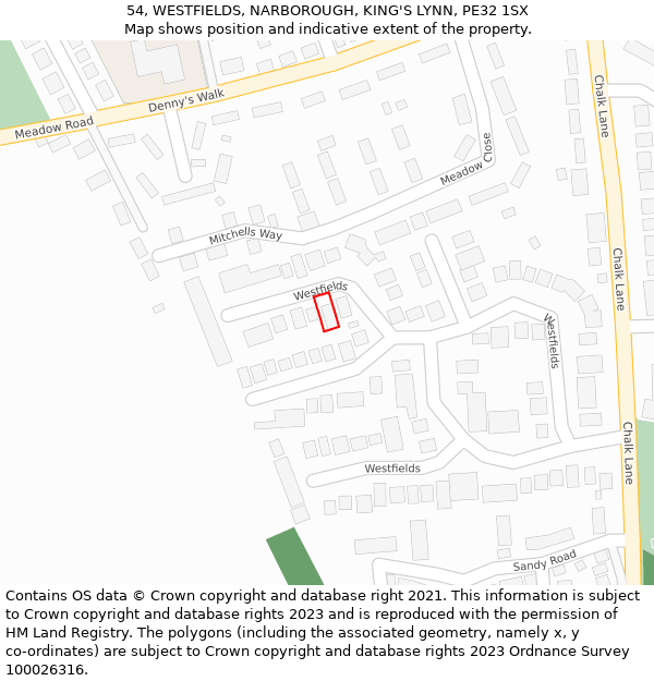 54, WESTFIELDS, NARBOROUGH, KING'S LYNN, PE32 1SX: Location map and indicative extent of plot