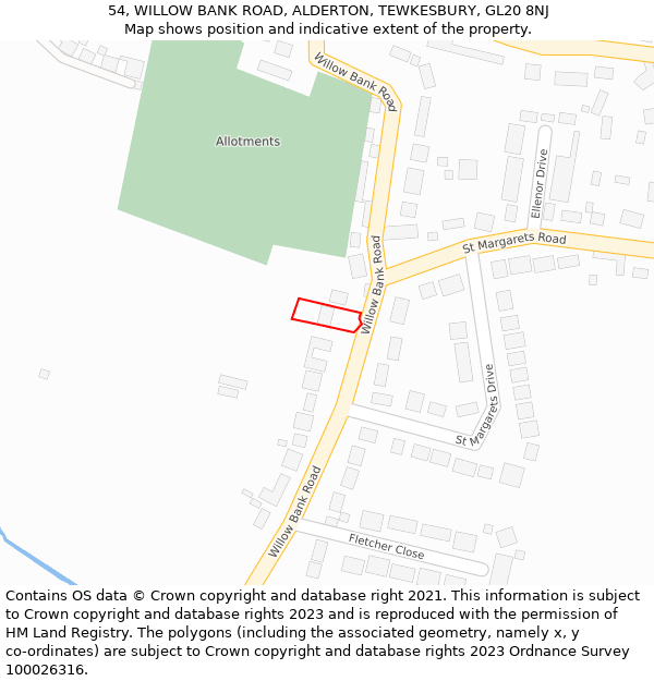 54, WILLOW BANK ROAD, ALDERTON, TEWKESBURY, GL20 8NJ: Location map and indicative extent of plot
