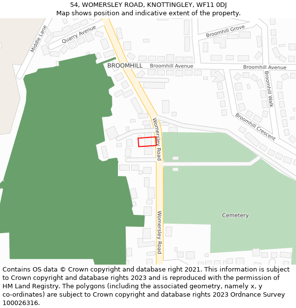 54, WOMERSLEY ROAD, KNOTTINGLEY, WF11 0DJ: Location map and indicative extent of plot