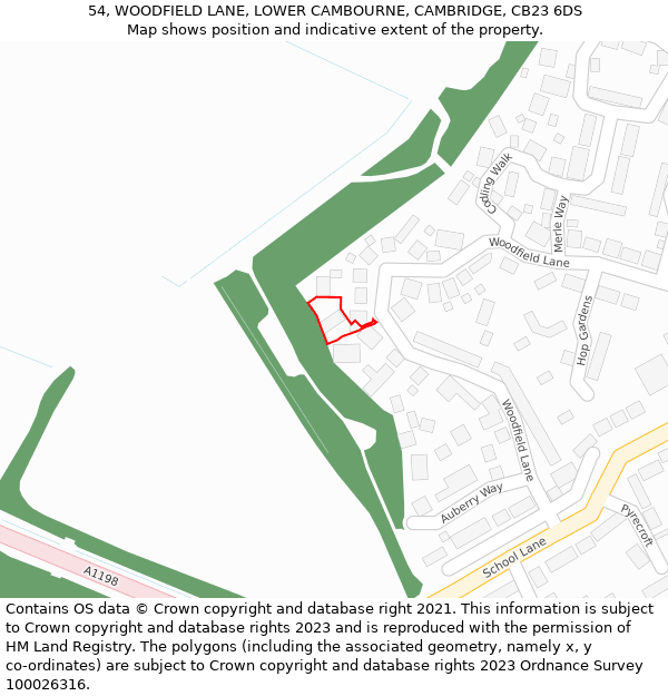 54, WOODFIELD LANE, LOWER CAMBOURNE, CAMBRIDGE, CB23 6DS: Location map and indicative extent of plot