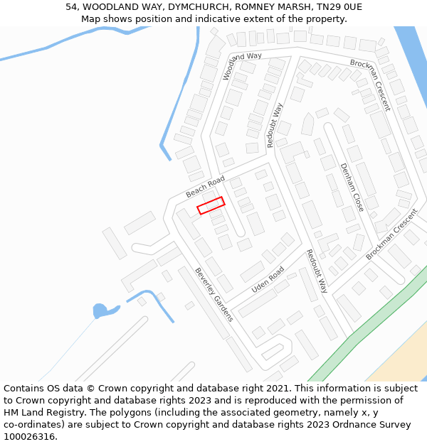 54, WOODLAND WAY, DYMCHURCH, ROMNEY MARSH, TN29 0UE: Location map and indicative extent of plot