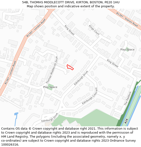 54B, THOMAS MIDDLECOTT DRIVE, KIRTON, BOSTON, PE20 1HU: Location map and indicative extent of plot