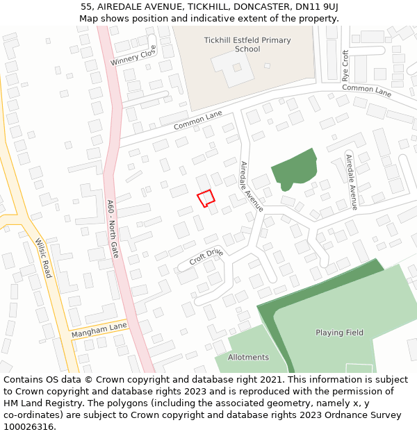 55, AIREDALE AVENUE, TICKHILL, DONCASTER, DN11 9UJ: Location map and indicative extent of plot