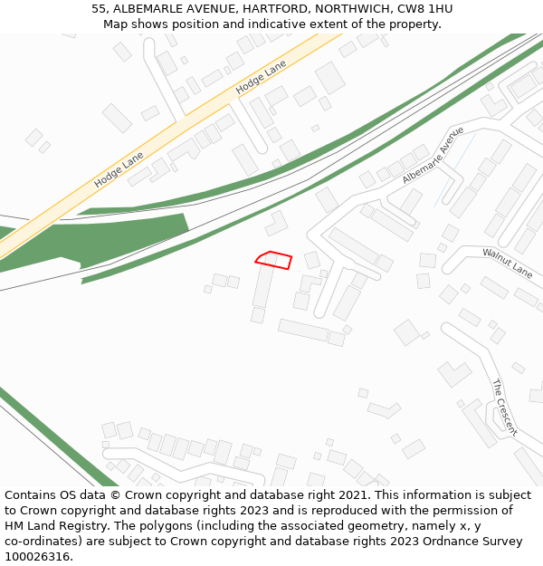 55, ALBEMARLE AVENUE, HARTFORD, NORTHWICH, CW8 1HU: Location map and indicative extent of plot