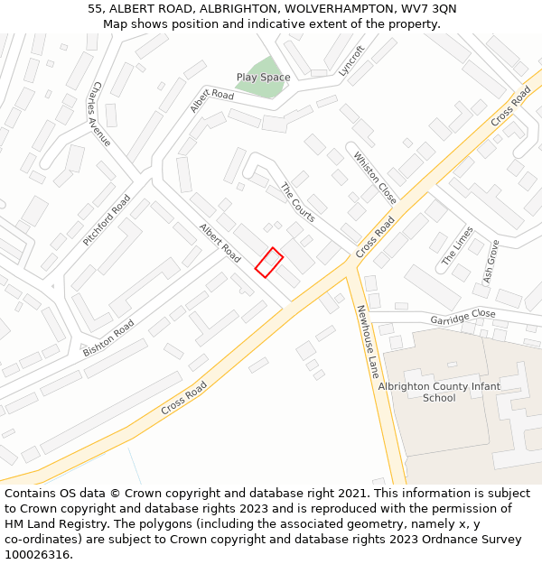 55, ALBERT ROAD, ALBRIGHTON, WOLVERHAMPTON, WV7 3QN: Location map and indicative extent of plot