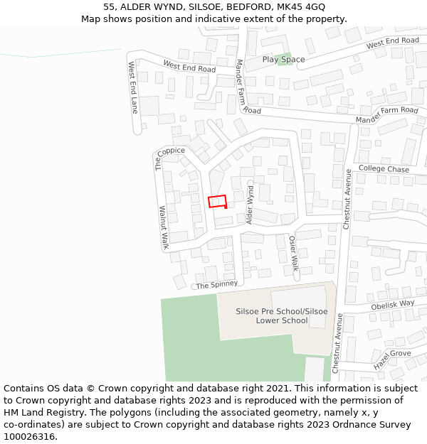 55, ALDER WYND, SILSOE, BEDFORD, MK45 4GQ: Location map and indicative extent of plot
