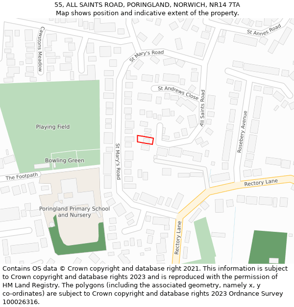 55, ALL SAINTS ROAD, PORINGLAND, NORWICH, NR14 7TA: Location map and indicative extent of plot