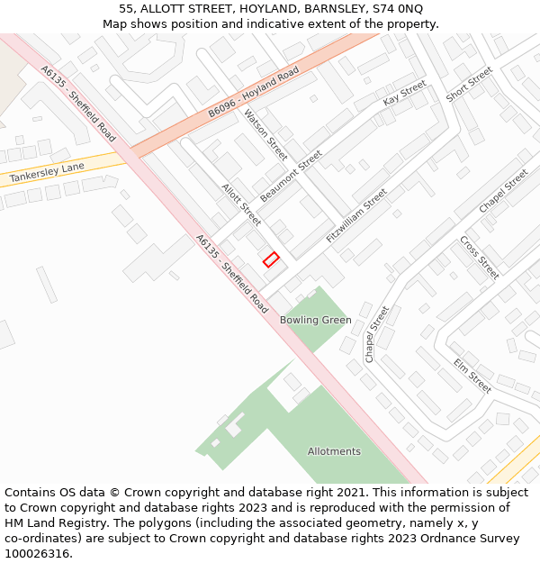 55, ALLOTT STREET, HOYLAND, BARNSLEY, S74 0NQ: Location map and indicative extent of plot