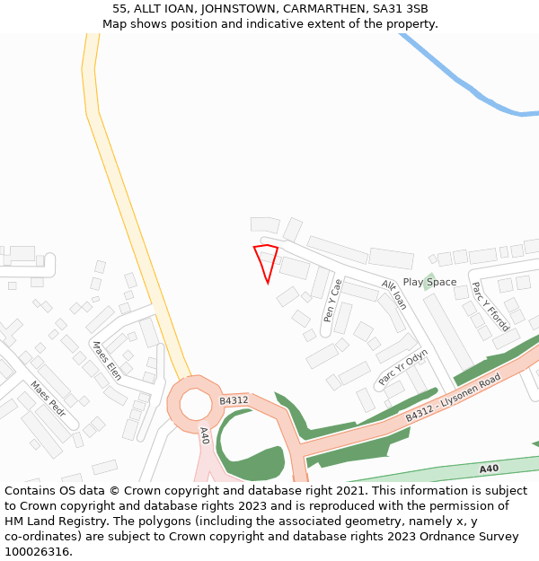 55, ALLT IOAN, JOHNSTOWN, CARMARTHEN, SA31 3SB: Location map and indicative extent of plot