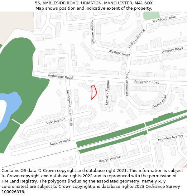 55, AMBLESIDE ROAD, URMSTON, MANCHESTER, M41 6QX: Location map and indicative extent of plot