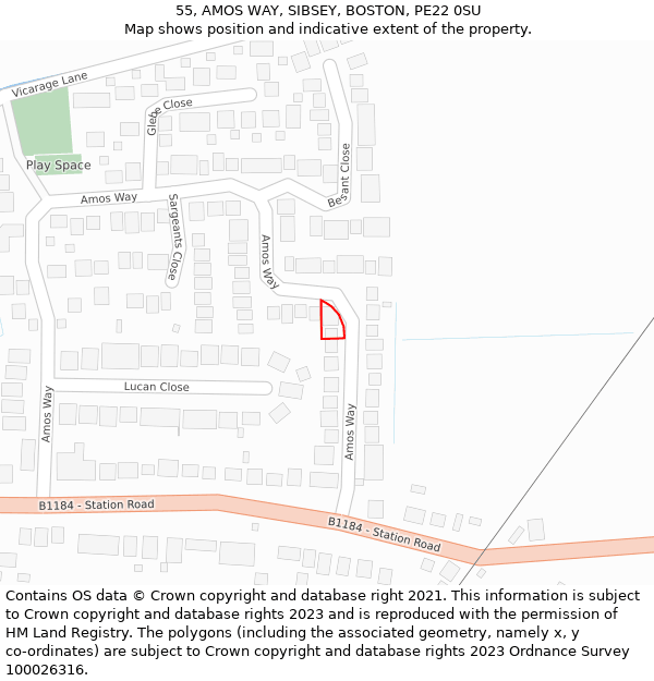 55, AMOS WAY, SIBSEY, BOSTON, PE22 0SU: Location map and indicative extent of plot