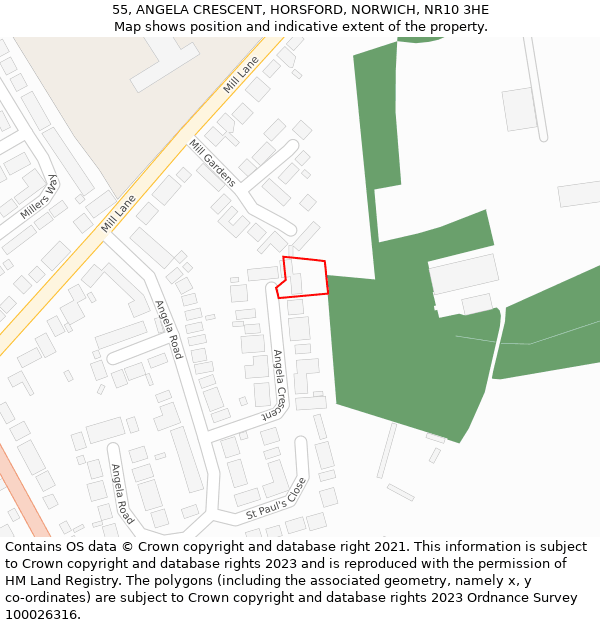 55, ANGELA CRESCENT, HORSFORD, NORWICH, NR10 3HE: Location map and indicative extent of plot