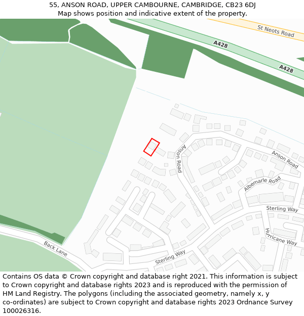 55, ANSON ROAD, UPPER CAMBOURNE, CAMBRIDGE, CB23 6DJ: Location map and indicative extent of plot