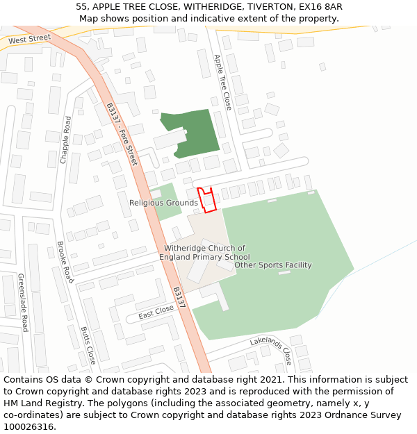 55, APPLE TREE CLOSE, WITHERIDGE, TIVERTON, EX16 8AR: Location map and indicative extent of plot