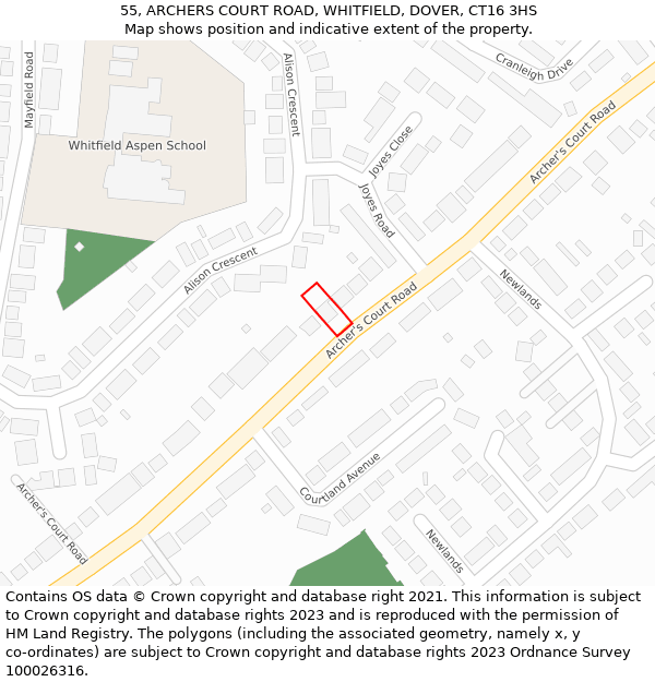 55, ARCHERS COURT ROAD, WHITFIELD, DOVER, CT16 3HS: Location map and indicative extent of plot