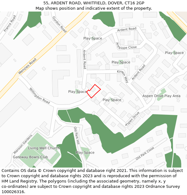 55, ARDENT ROAD, WHITFIELD, DOVER, CT16 2GP: Location map and indicative extent of plot