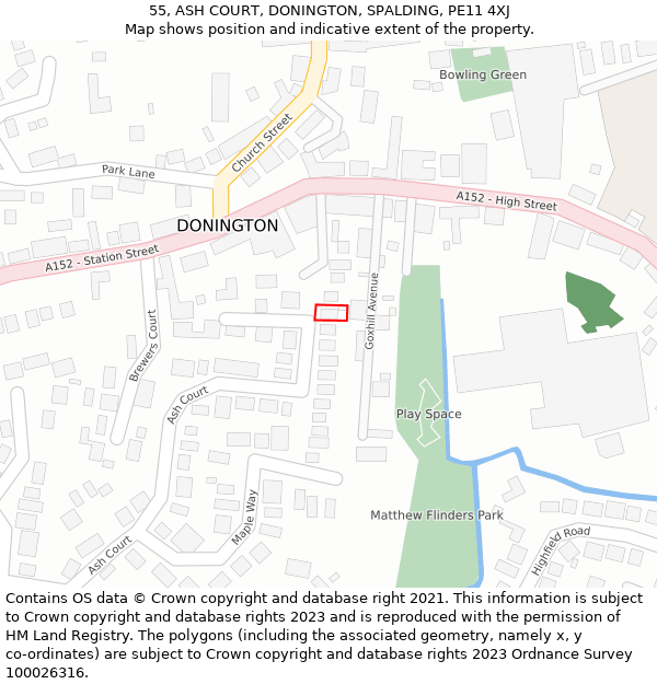 55, ASH COURT, DONINGTON, SPALDING, PE11 4XJ: Location map and indicative extent of plot