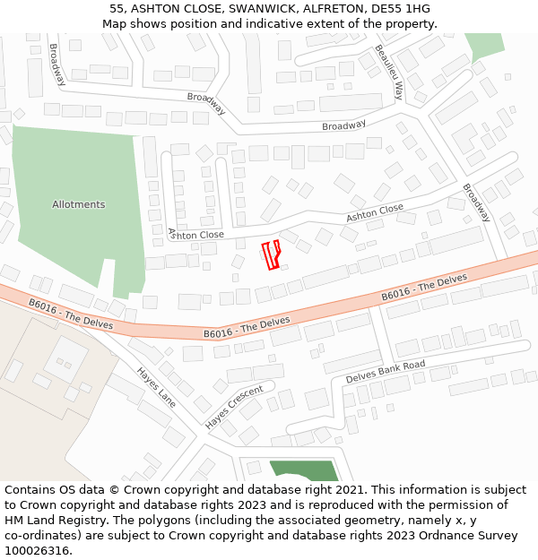 55, ASHTON CLOSE, SWANWICK, ALFRETON, DE55 1HG: Location map and indicative extent of plot