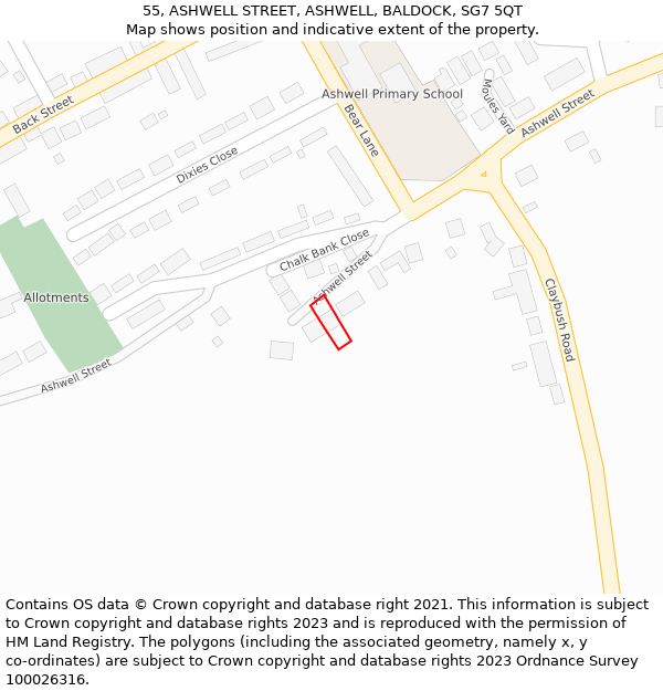55, ASHWELL STREET, ASHWELL, BALDOCK, SG7 5QT: Location map and indicative extent of plot