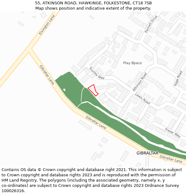 55, ATKINSON ROAD, HAWKINGE, FOLKESTONE, CT18 7SB: Location map and indicative extent of plot