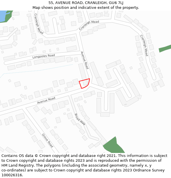 55, AVENUE ROAD, CRANLEIGH, GU6 7LJ: Location map and indicative extent of plot